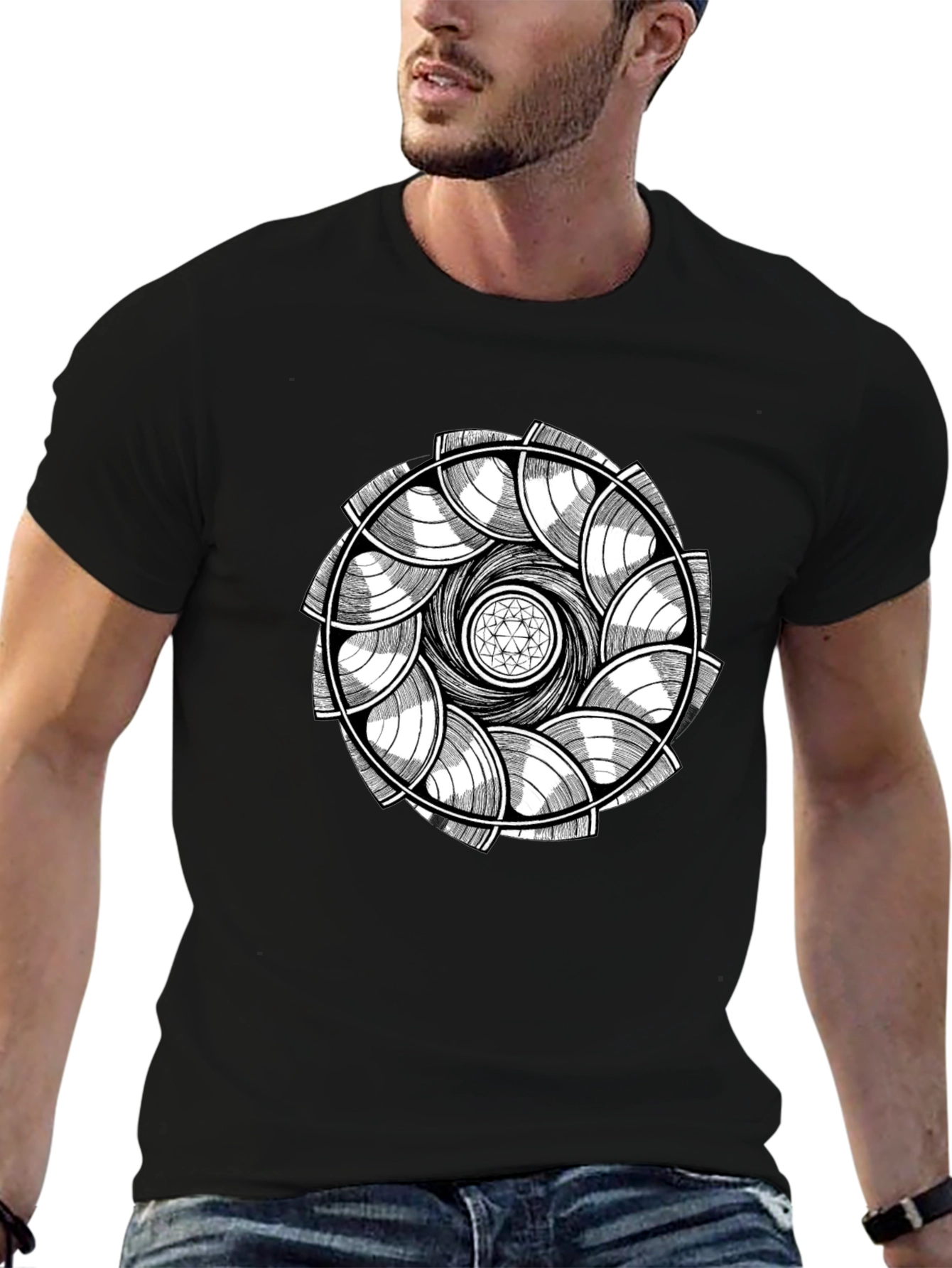 Abstract Geometric Mandala Graphic Tee - Black