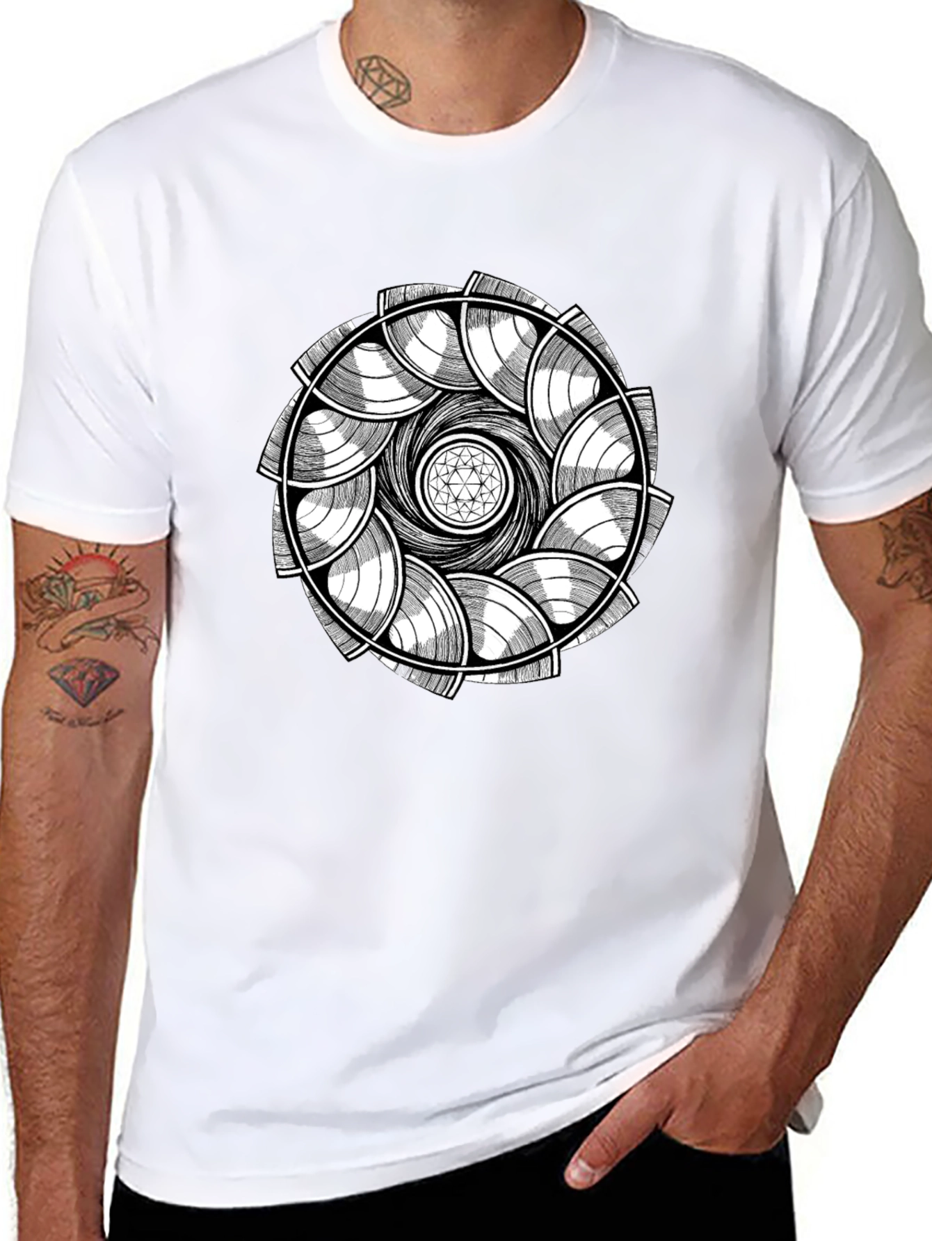 Abstract Geometric Mandala Graphic Tee - Black