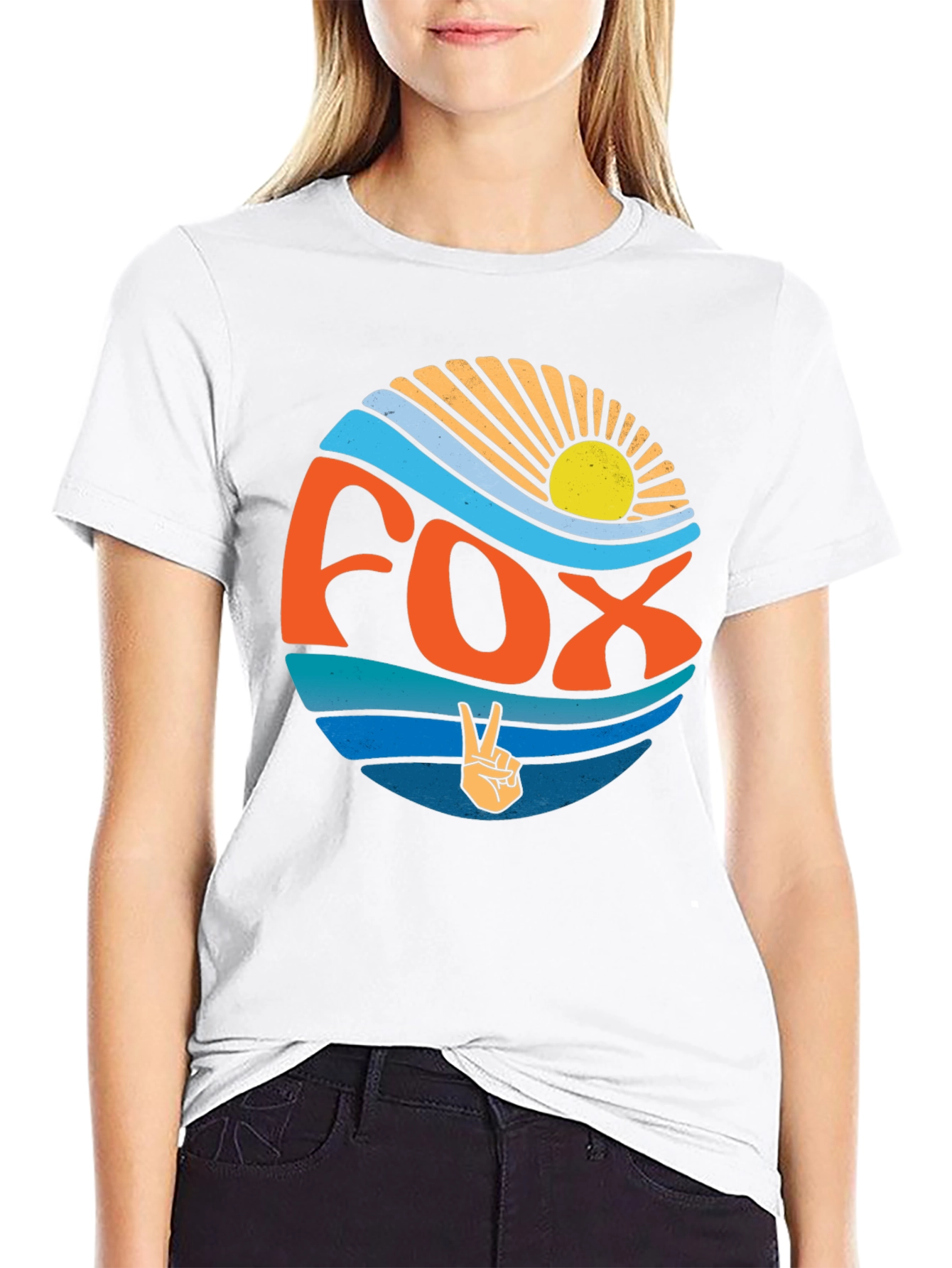 Retro Fox Peace Sign Graphic Tee - Black