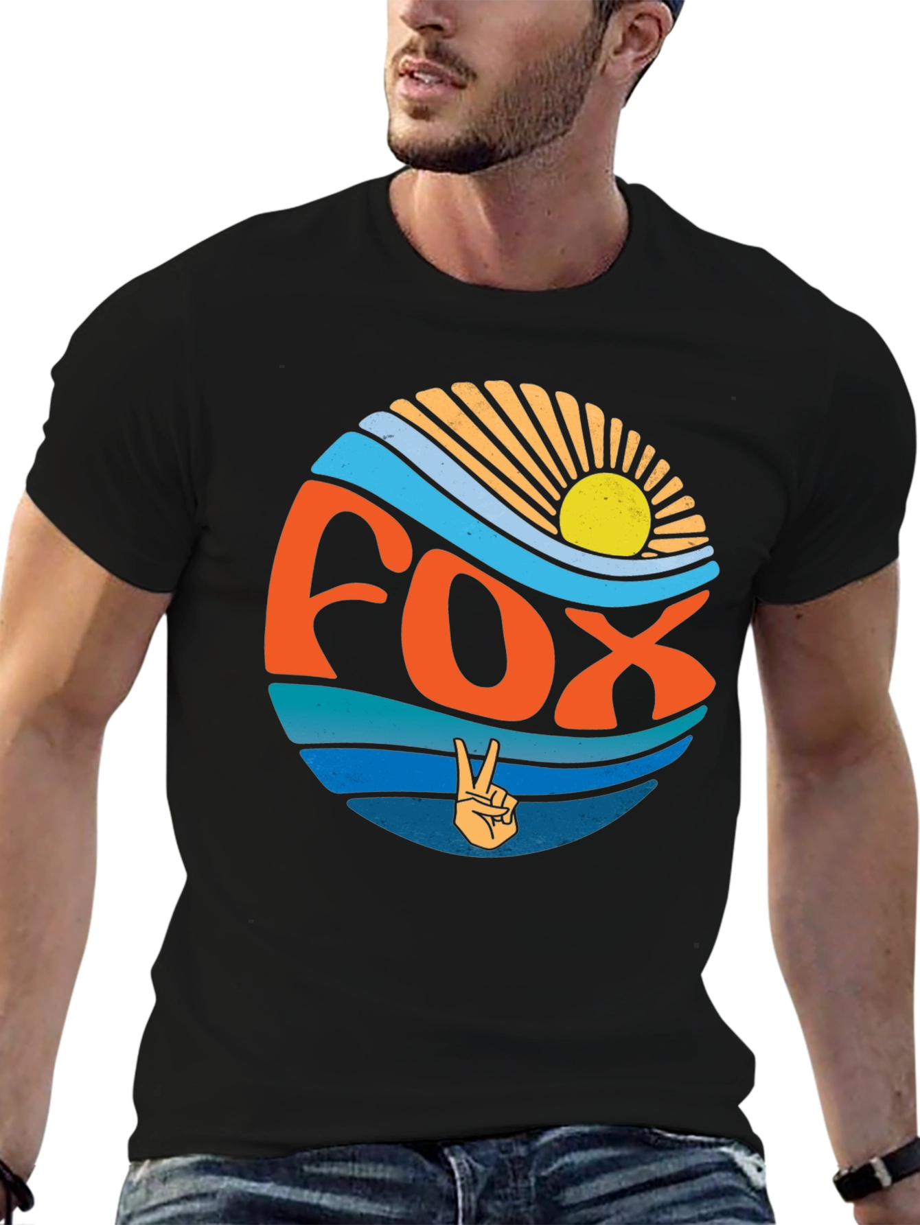 Retro Fox Peace Sign Graphic Tee - Black