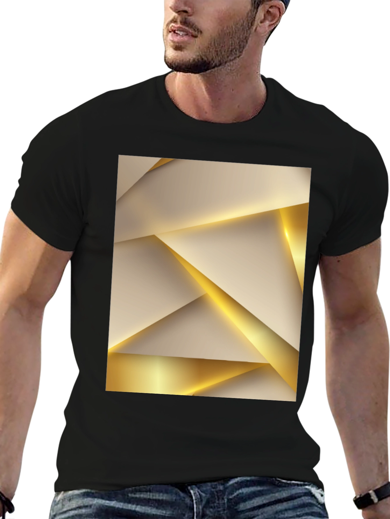 Geometric Gold & Beige Print Black Tee