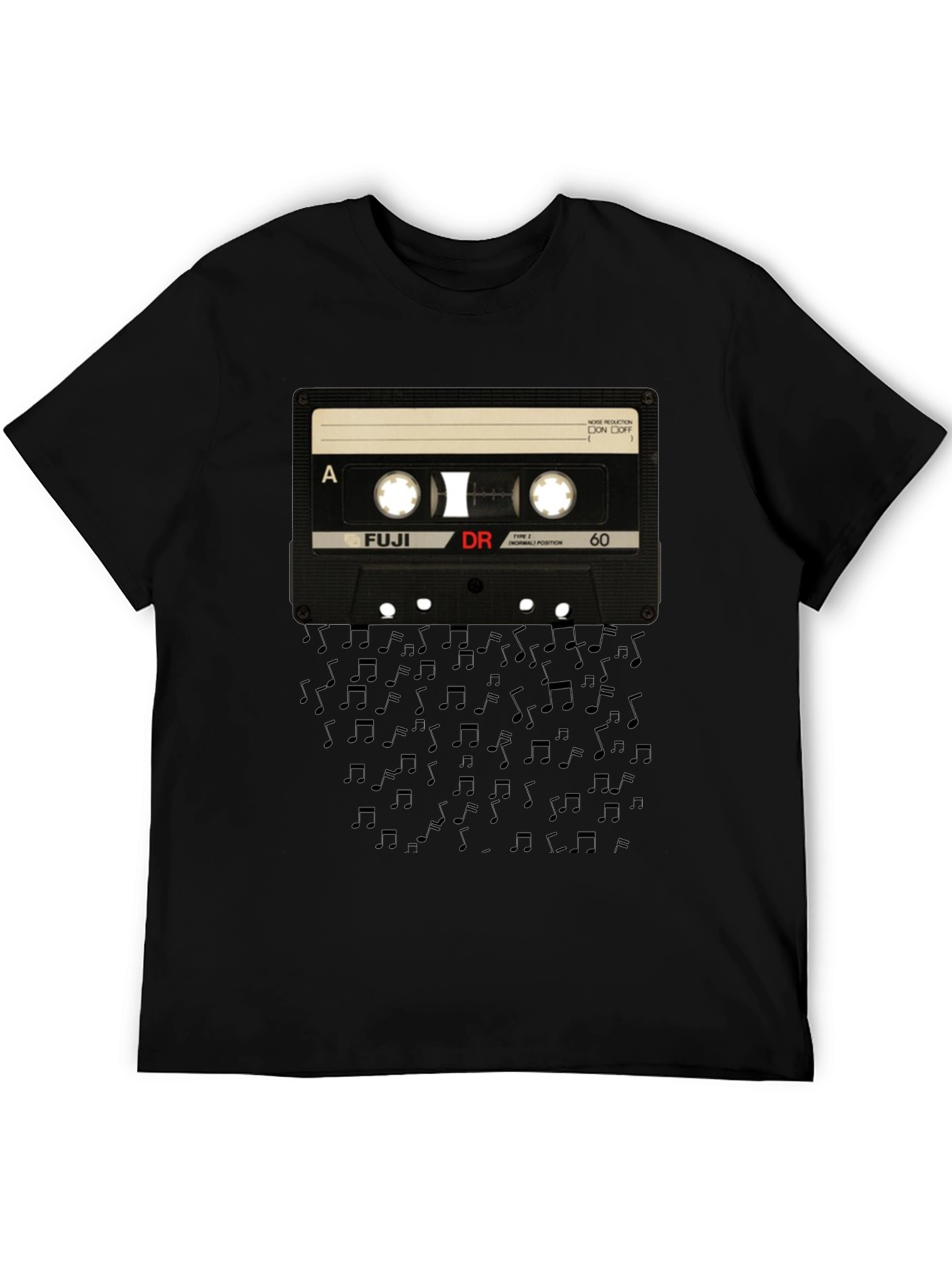 Retro Cassette Tape Music Notes Black T-Shirt