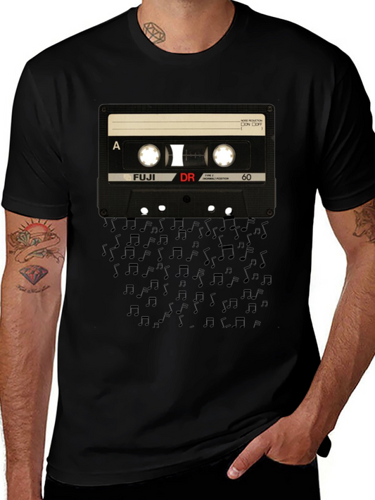Retro Cassette Tape Music Notes Black T-Shirt