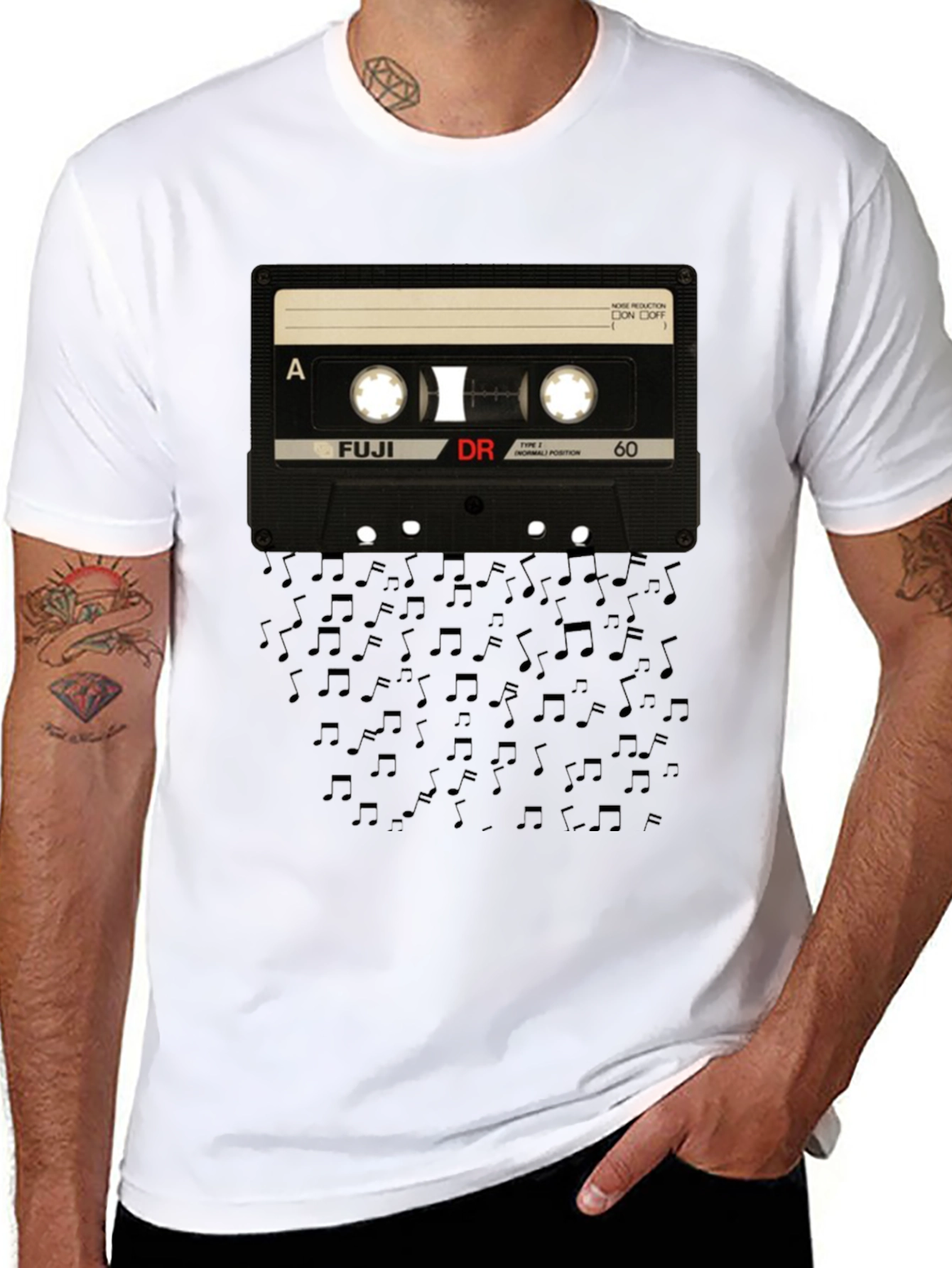 Retro Cassette Tape Music Notes Black T-Shirt