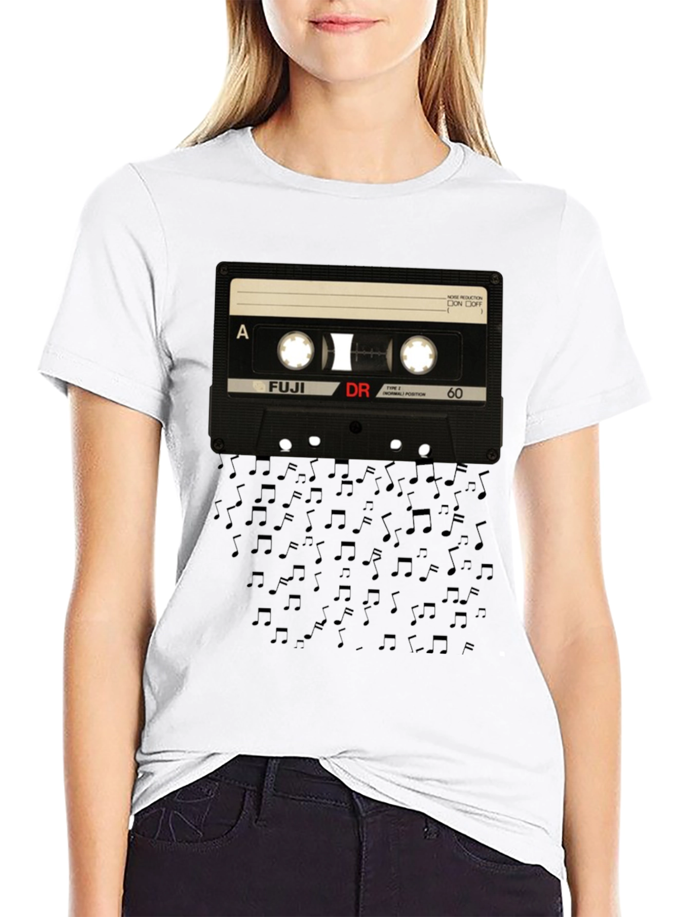 Retro Cassette Tape Music Notes Black T-Shirt