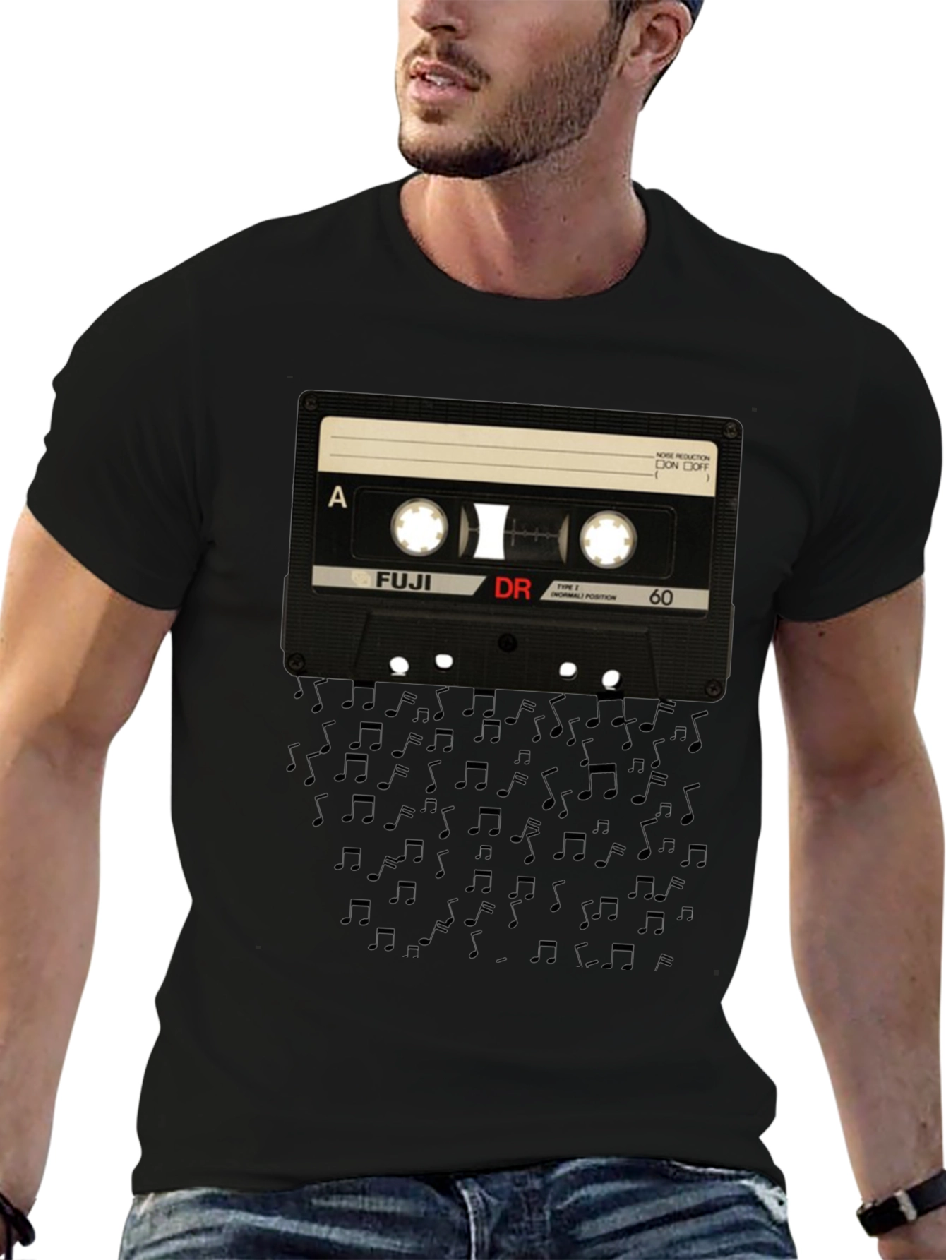 Retro Cassette Tape Music Notes Black T-Shirt