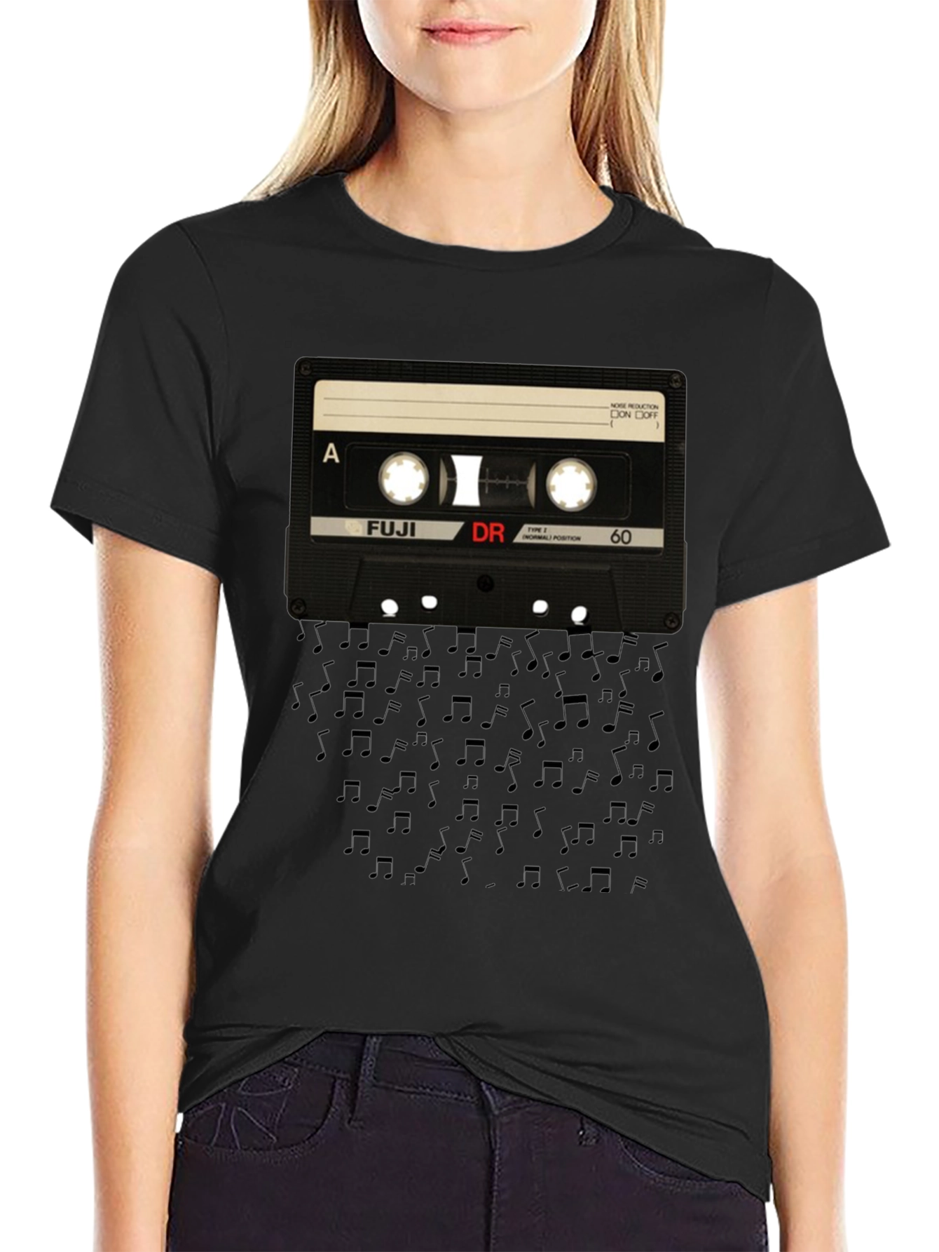 Retro Cassette Tape Music Notes Black T-Shirt
