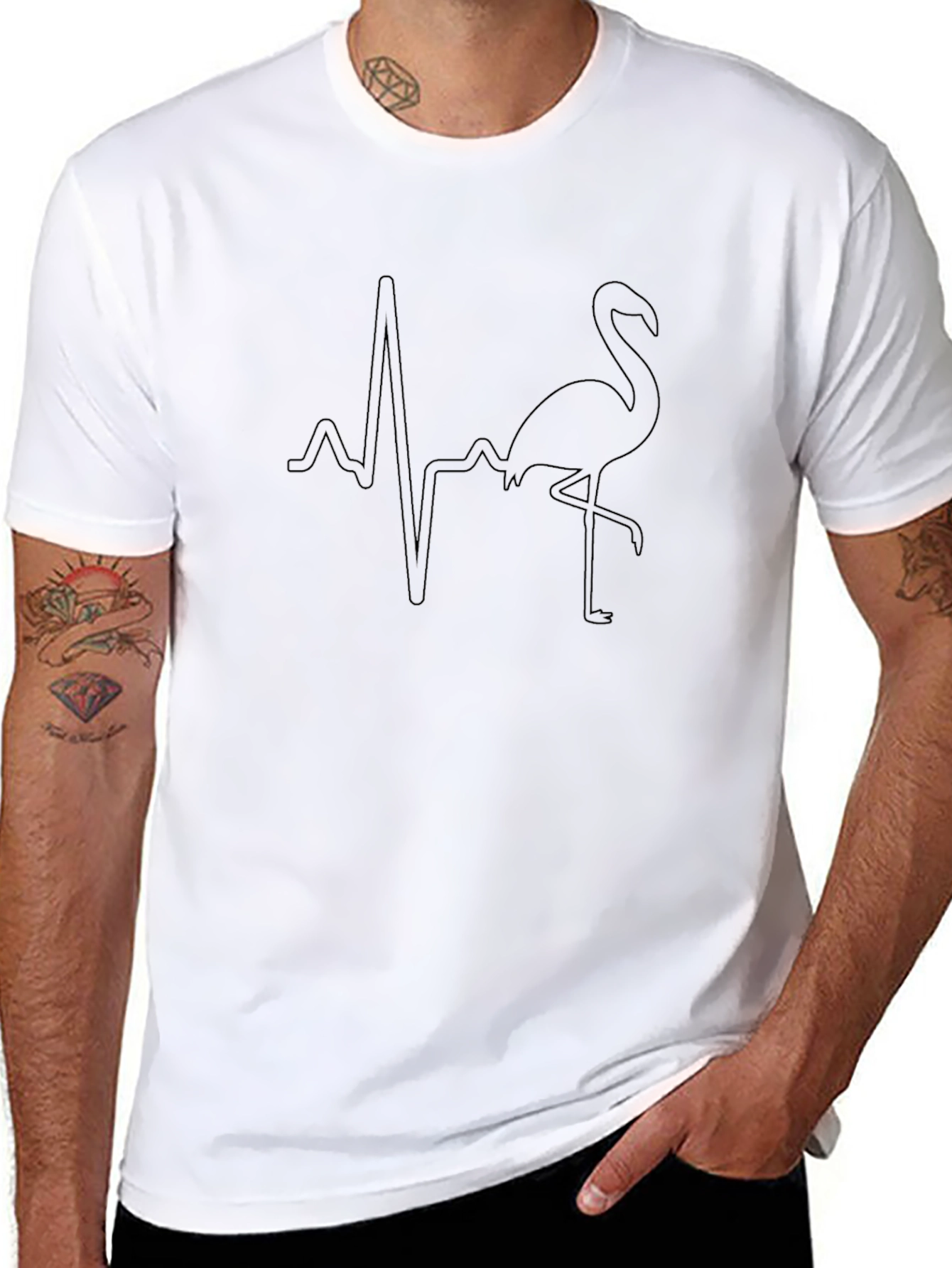 Black T-Shirt with Flamingo Heartbeat Graphic