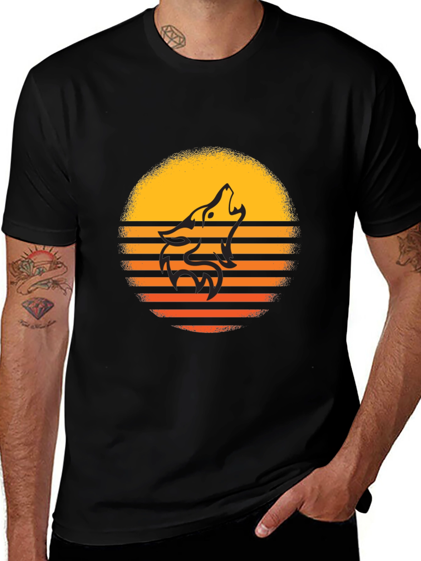 Sunset Wolf Graphic Tee - Stylish Mens Black T-Shirt