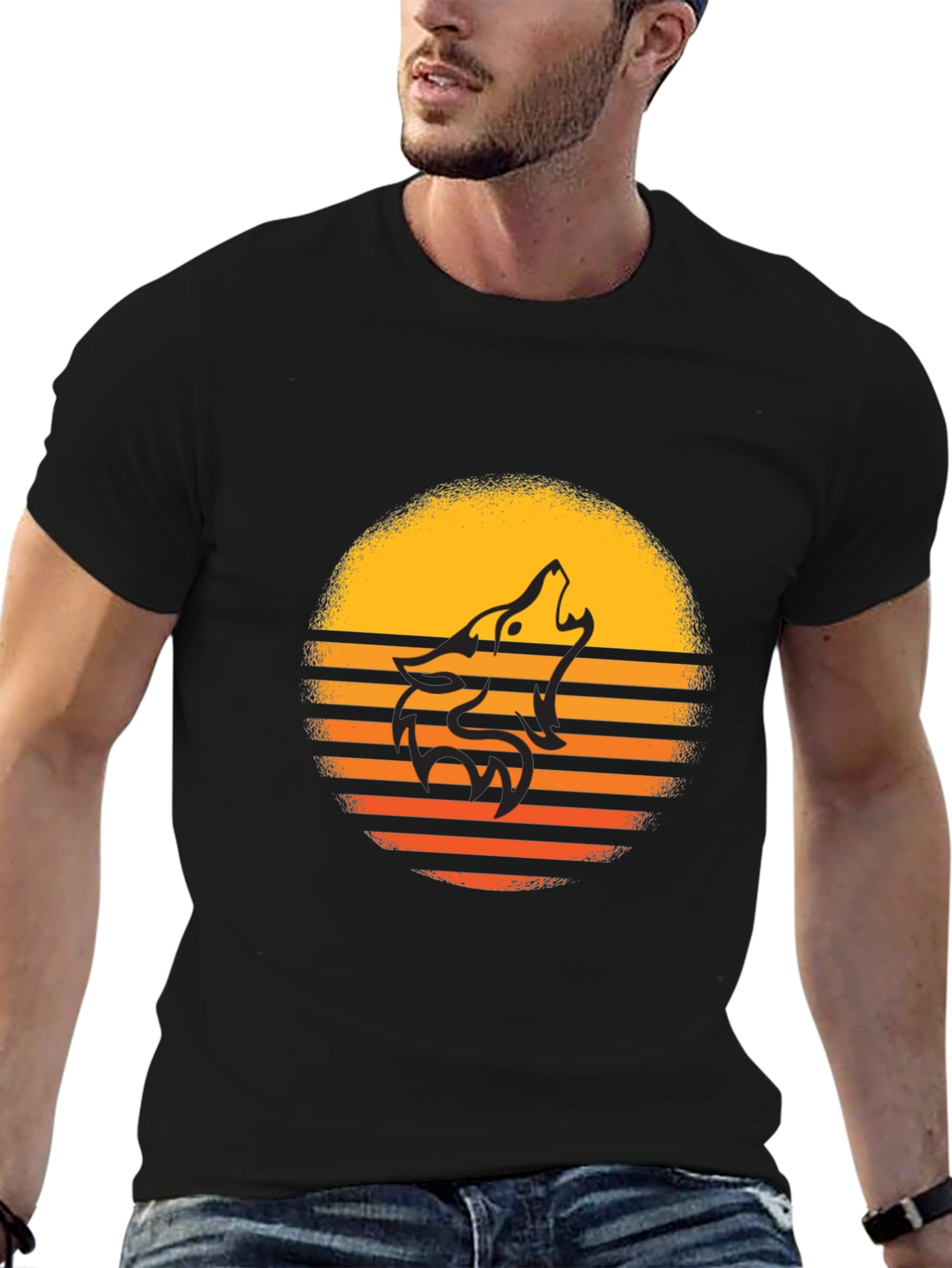 Sunset Wolf Graphic Tee - Stylish Mens Black T-Shirt