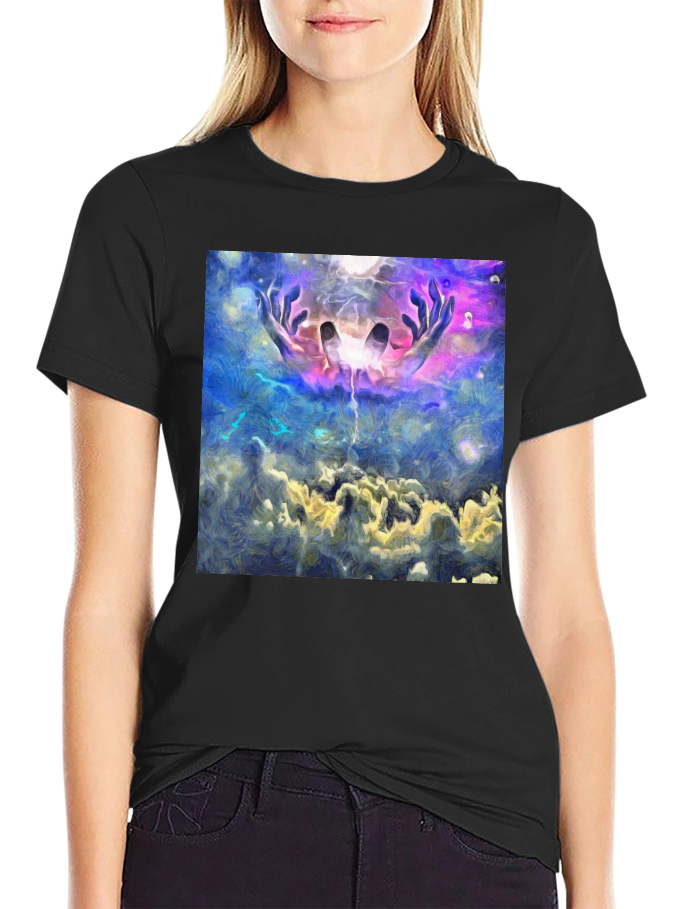 Abstract Hands in Sky Graphic Black T-Shirt