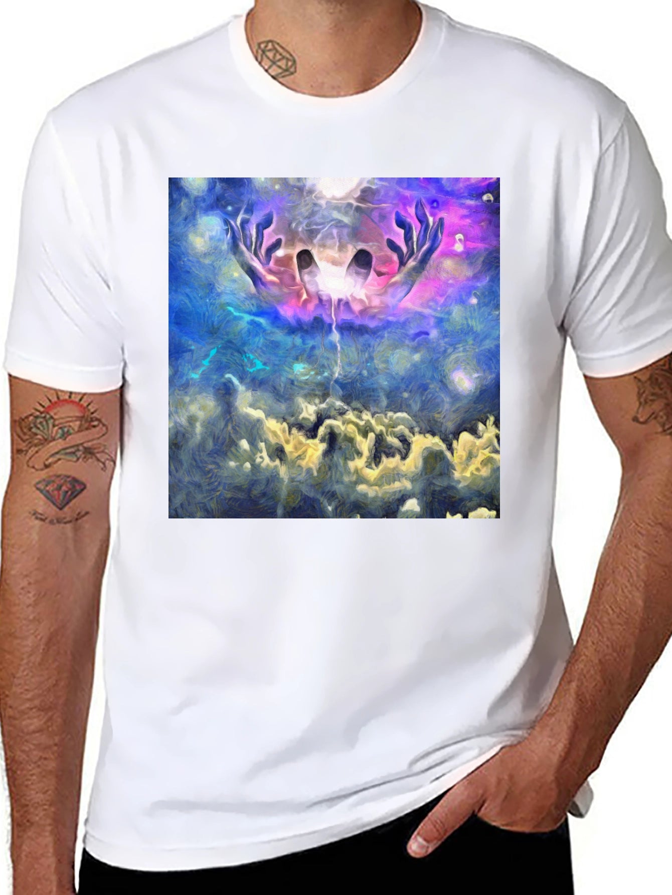 Abstract Hands in Sky Graphic Black T-Shirt