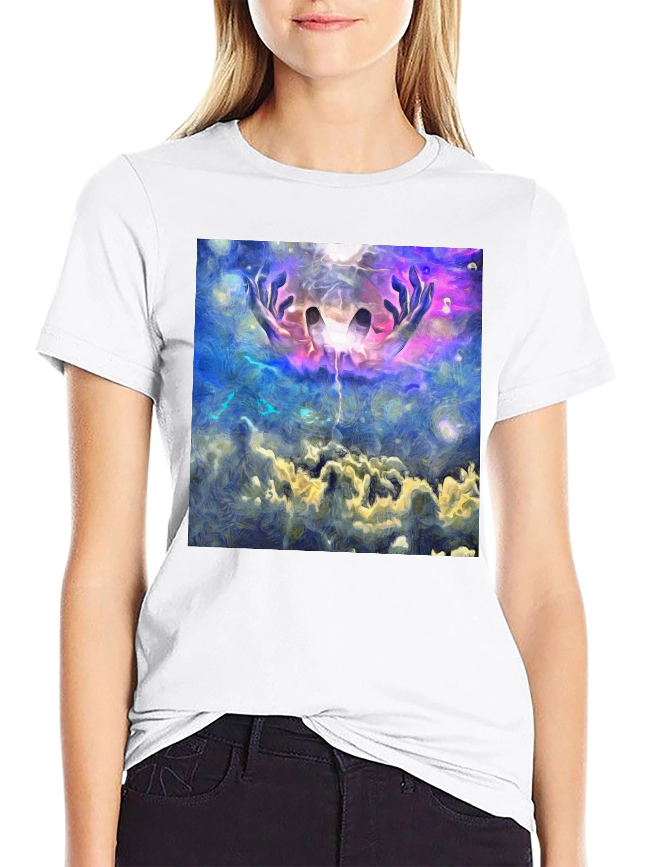 Abstract Hands in Sky Graphic Black T-Shirt