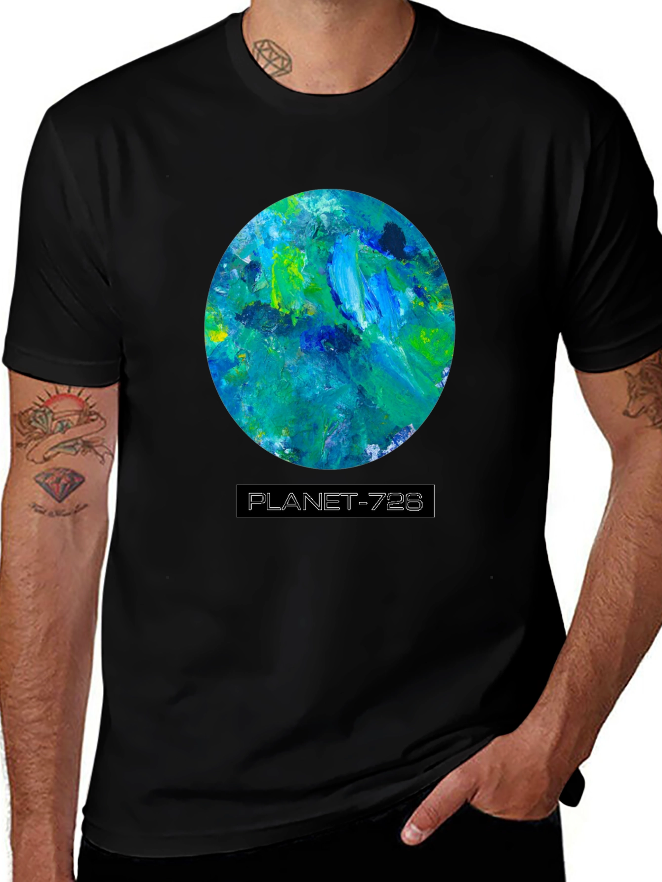 Planet 728 Black Graphic Tee - Artistic Earth Design