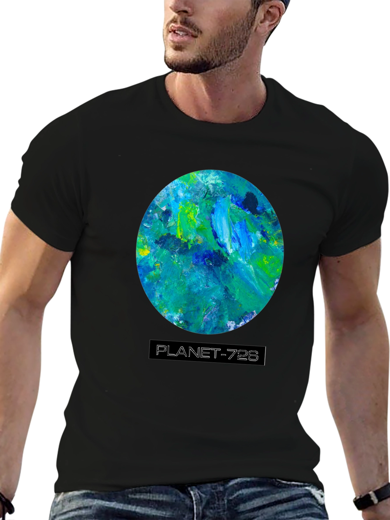 Planet 728 Black Graphic Tee - Artistic Earth Design