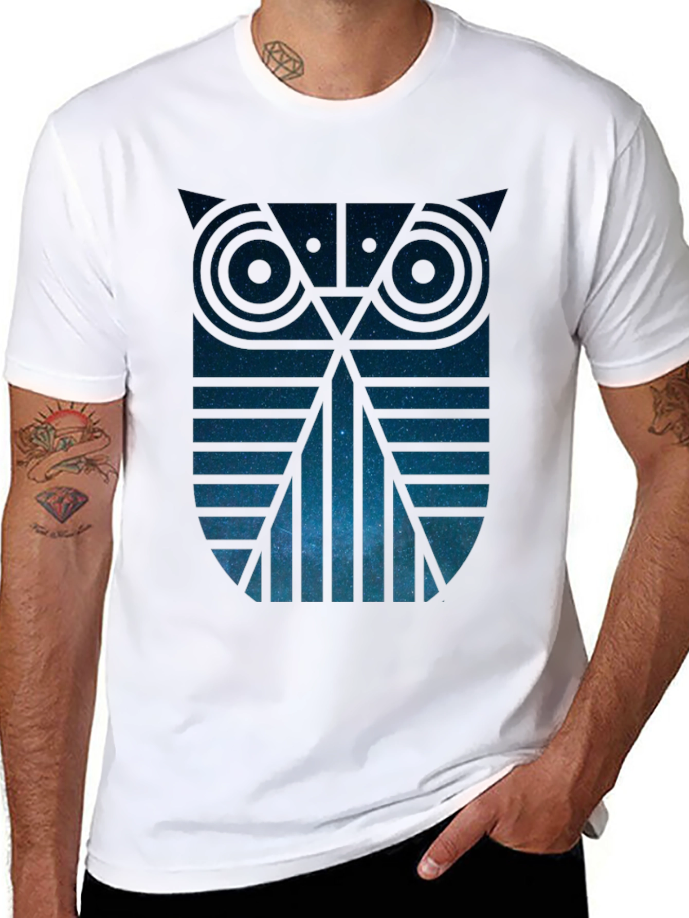 Geometric Owl Galaxy Graphic Tee - Mens Black T-Shirt