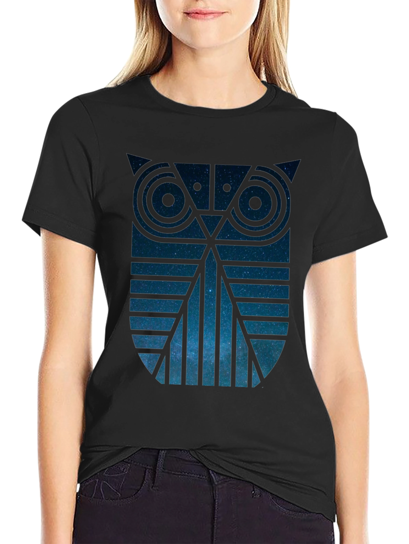 Geometric Owl Galaxy Graphic Tee - Mens Black T-Shirt