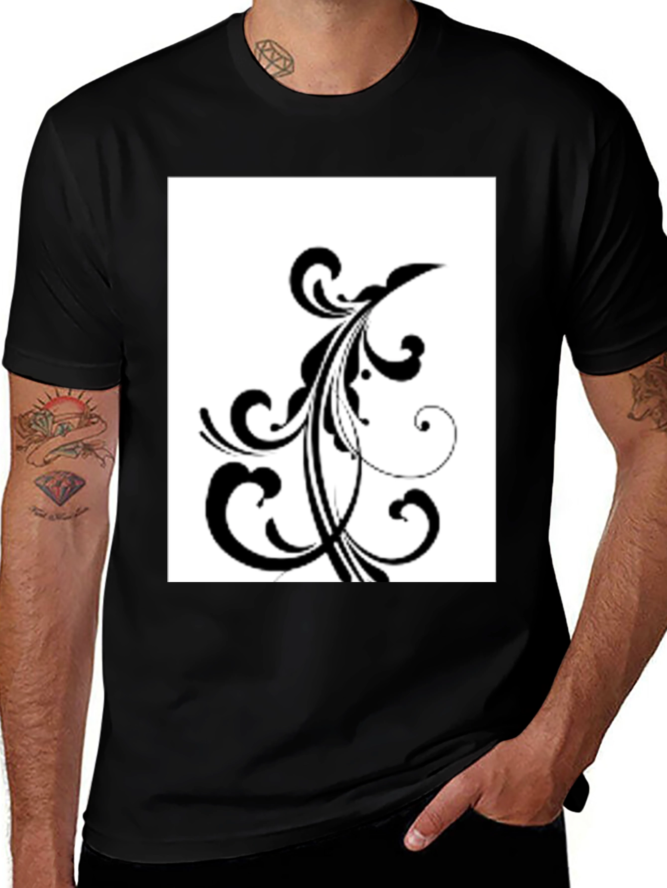 Black T-Shirt with Floral Design