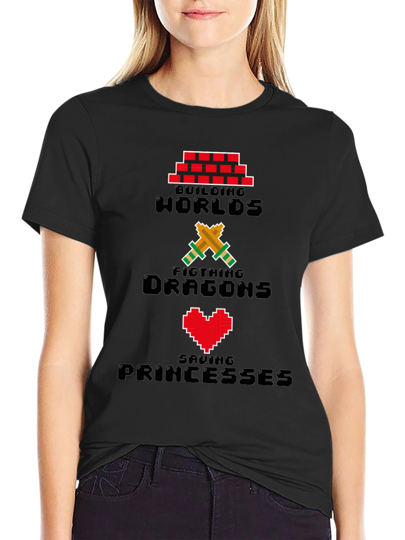 Pixel Gamer T-Shirt - Building Worlds Fighting Dragons