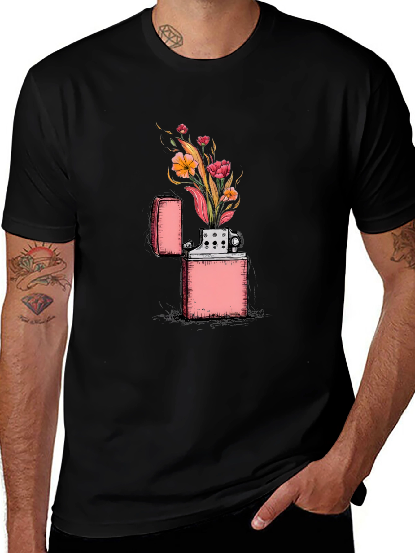 Floral Zippo Graphic Tee - Unique Lighter Design