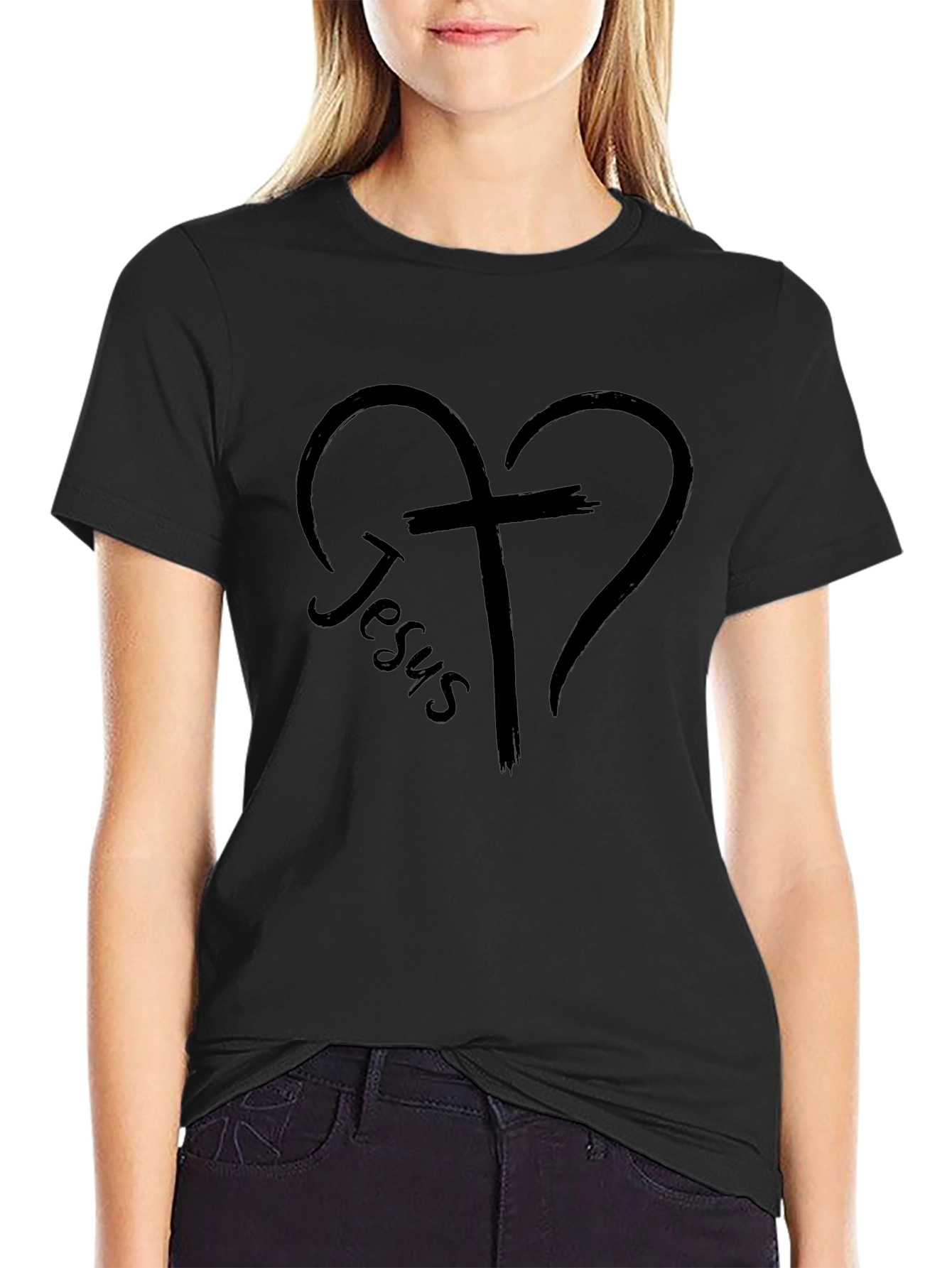 Faith-Inspired Jesus Heart Cross Black T-Shirt