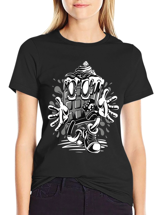 Cartoon Chocolate Bar Graphic Tee - Black Cotton Blend