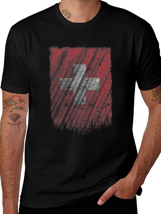 Distressed Swiss Flag Graphic Tee - Soft Cotton Comfort