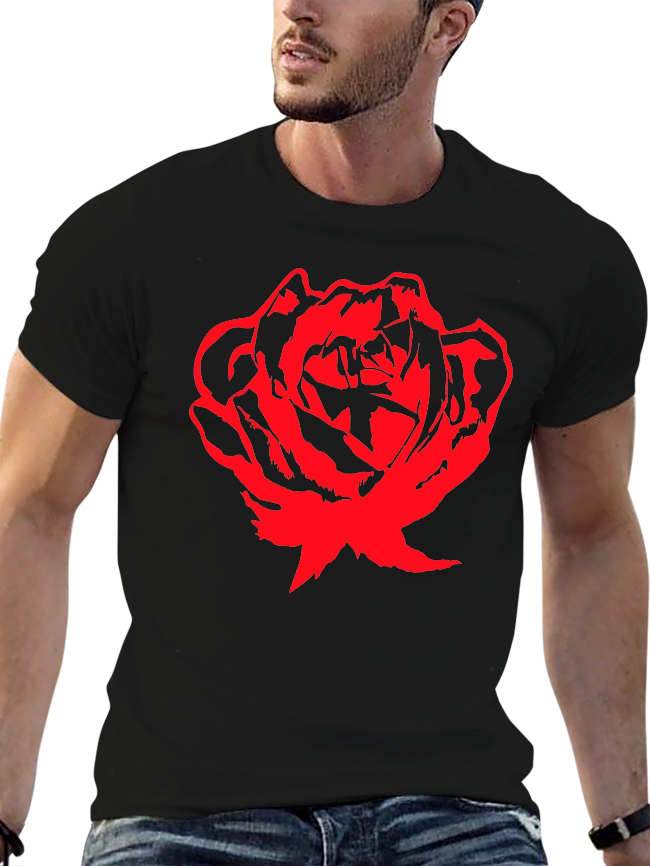 Bold Red Rose Graphic T-Shirt - Black Cotton Tee