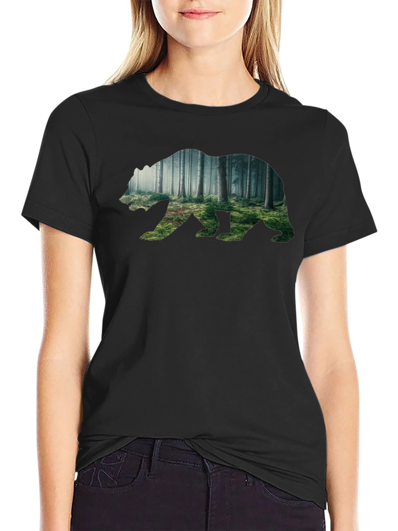 Nature Bear Graphic Tee - Soft Black Cotton Shirt