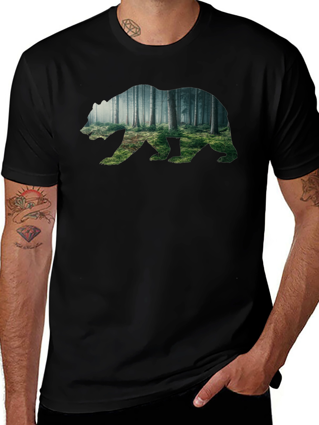 Nature Bear Graphic Tee - Soft Black Cotton Shirt