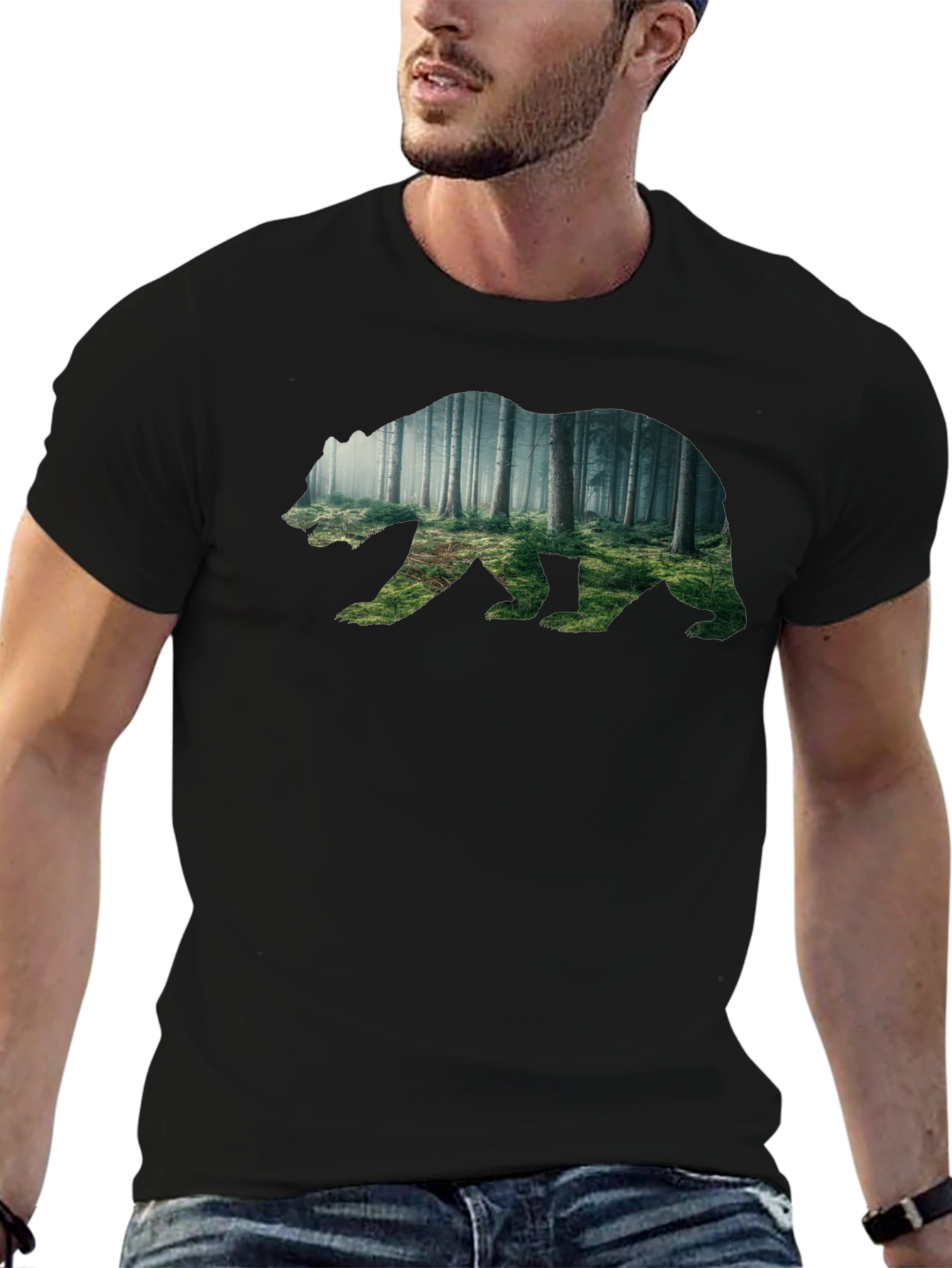Nature Bear Graphic Tee - Soft Black Cotton Shirt