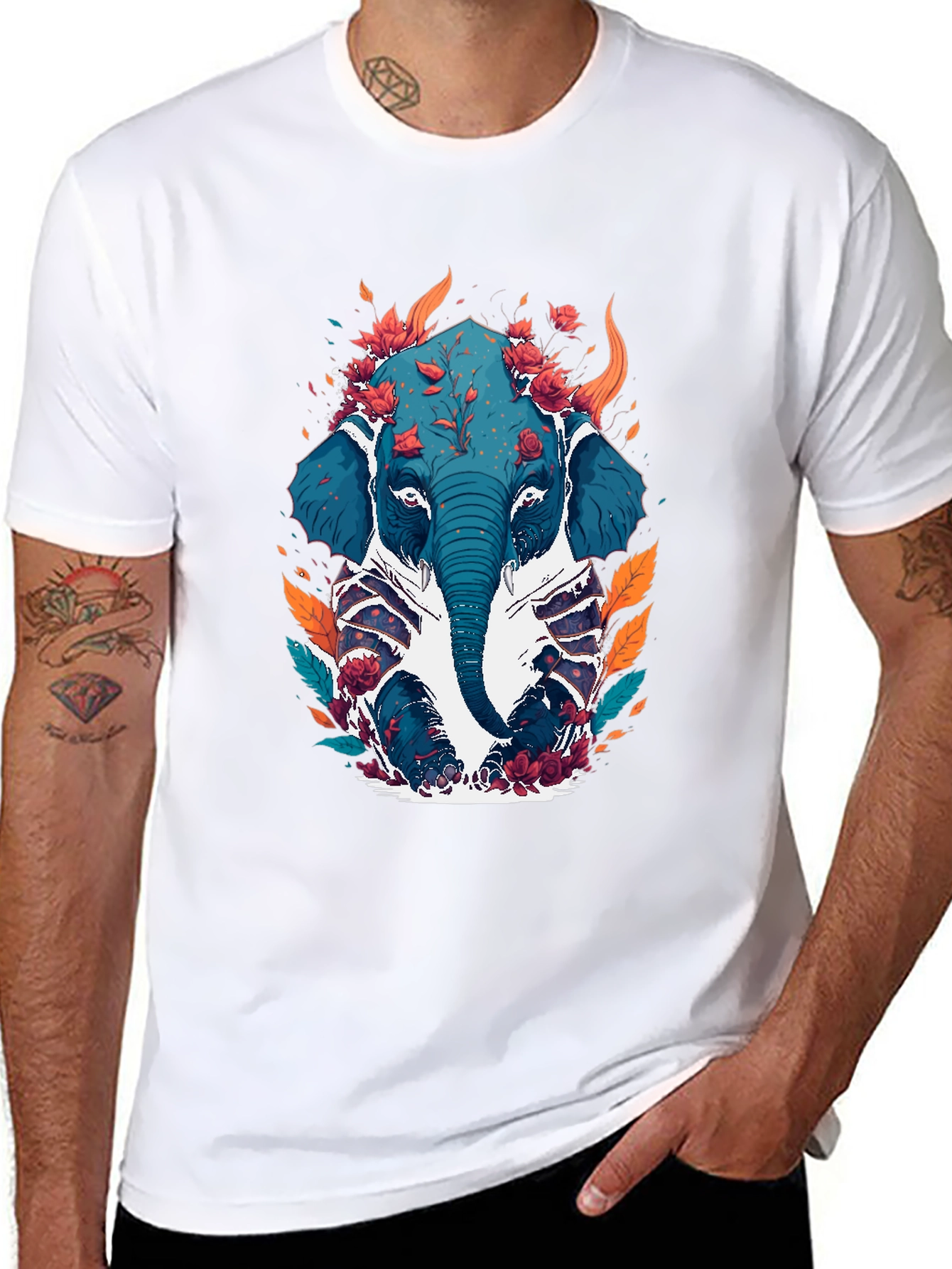 Floral Elephant Graphic Tee - Black Cotton Blend