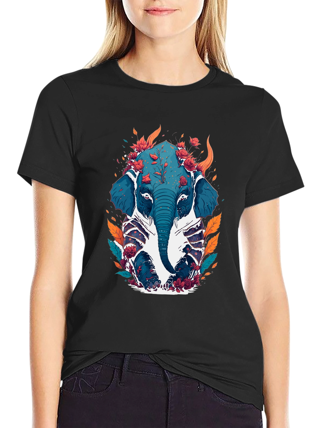 Floral Elephant Graphic Tee - Black Cotton Blend
