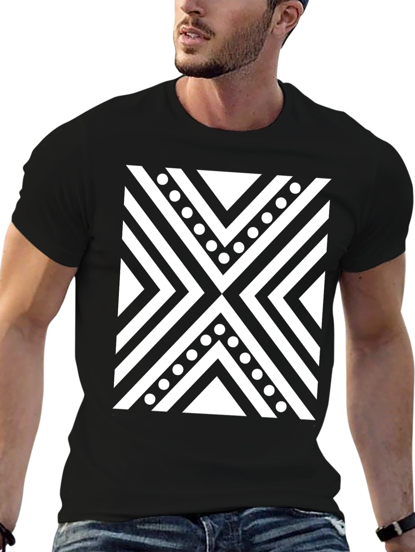 Black Tee with Geometric X Pattern