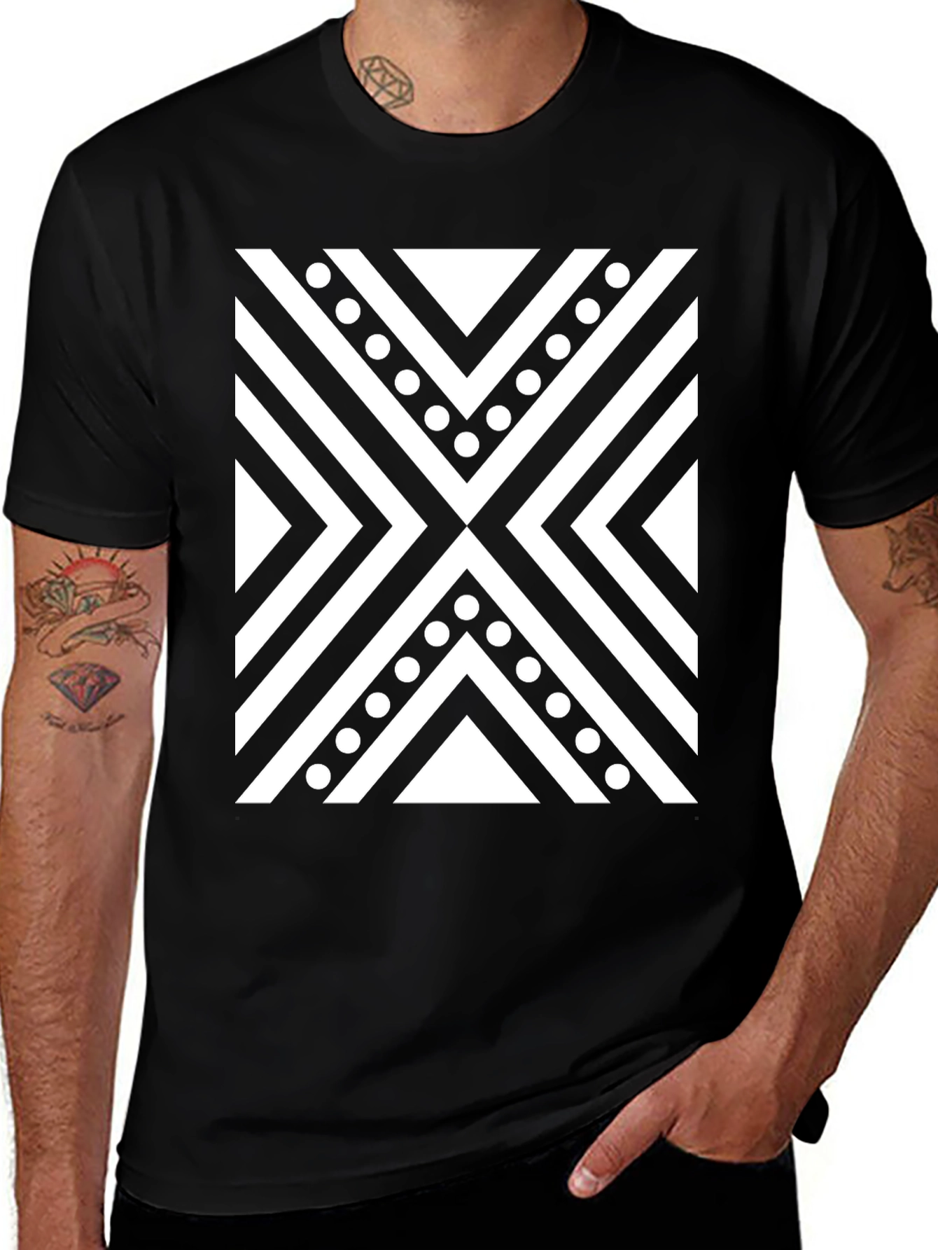 Black Tee with Geometric X Pattern