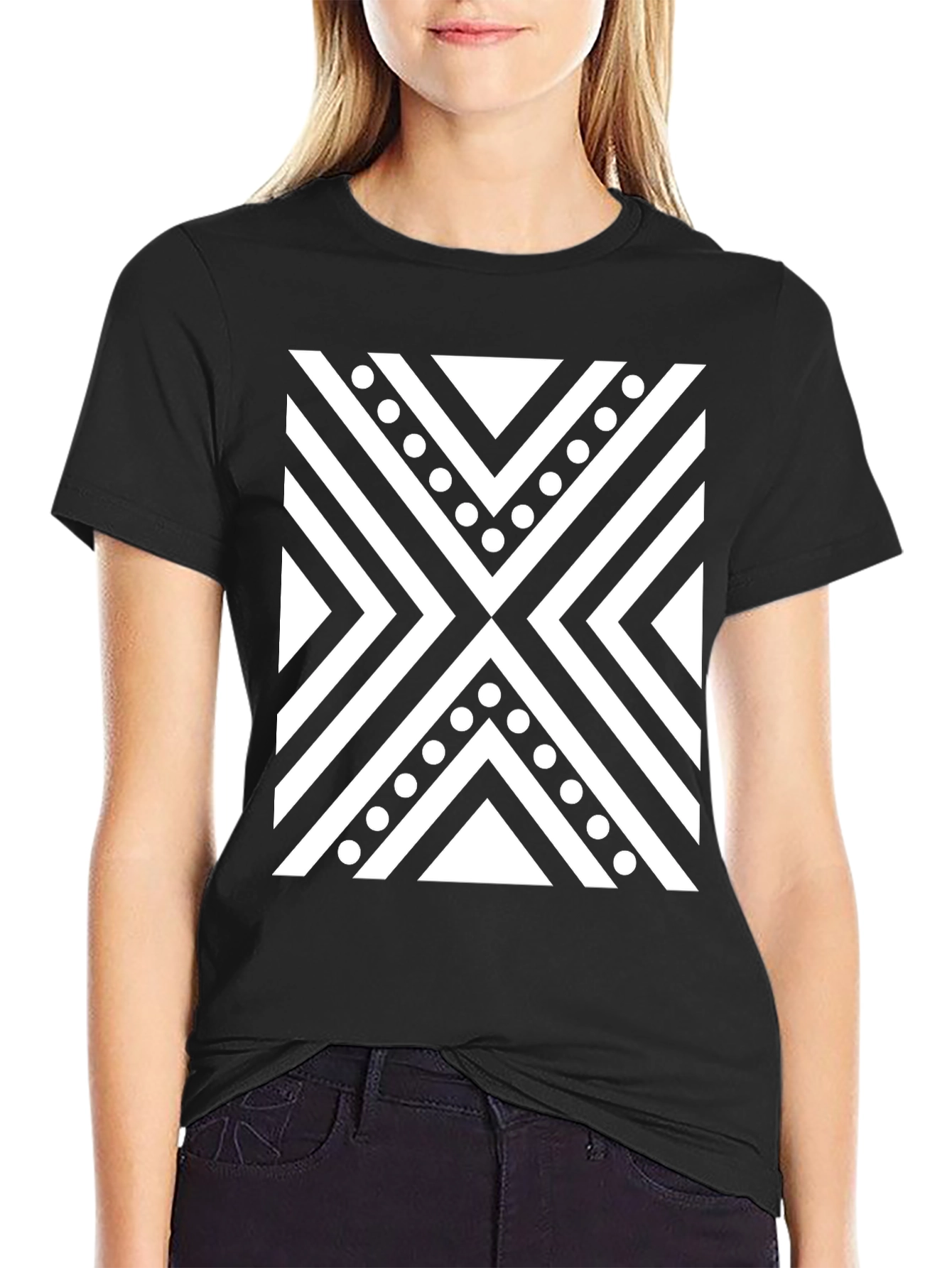 Black Tee with Geometric X Pattern