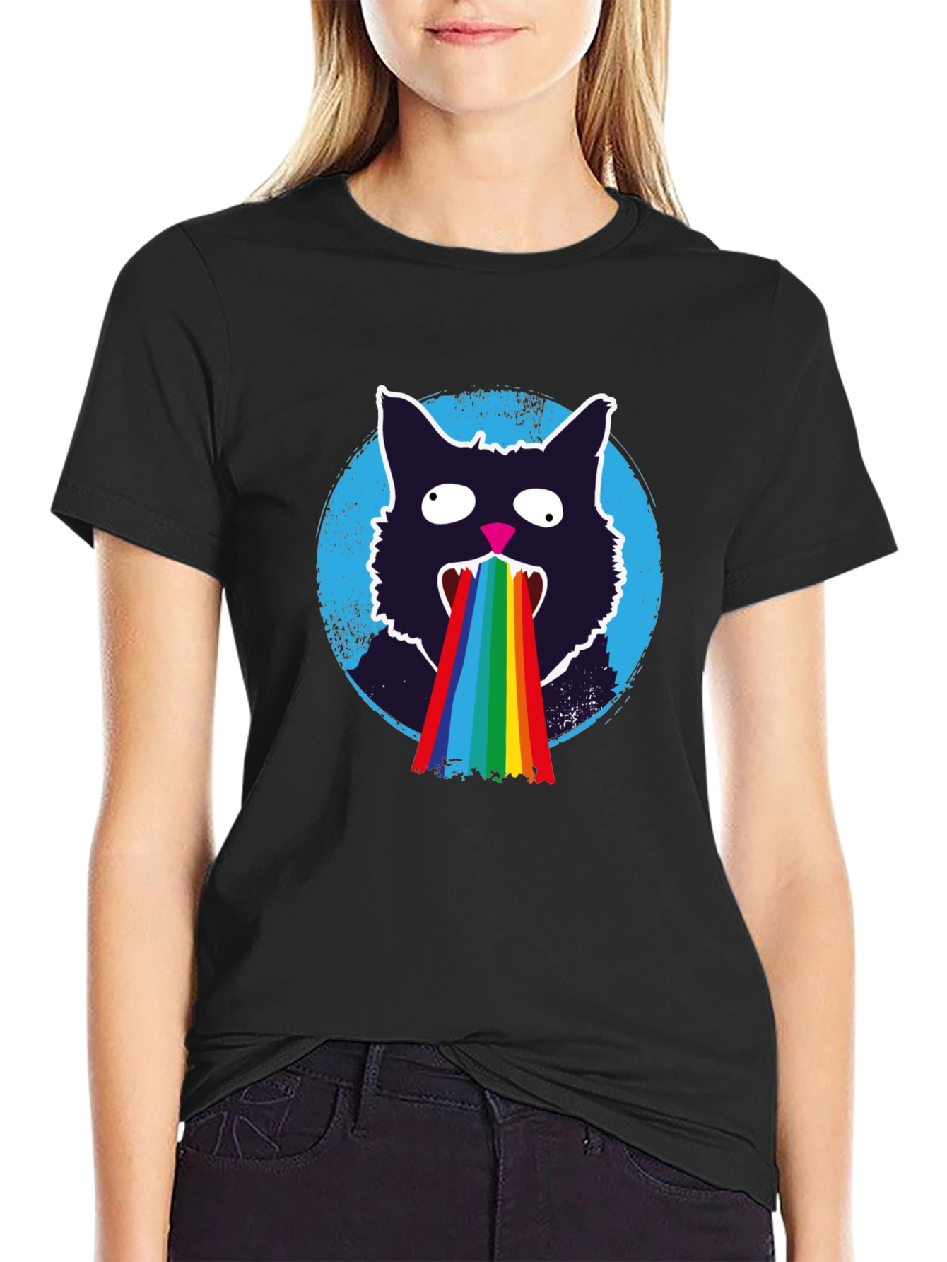 Rainbow Puke Cat T-Shirt - Mens Black Graphic Tee