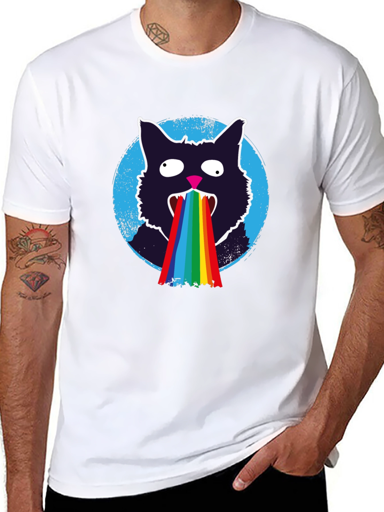 Rainbow Puke Cat T-Shirt - Mens Black Graphic Tee