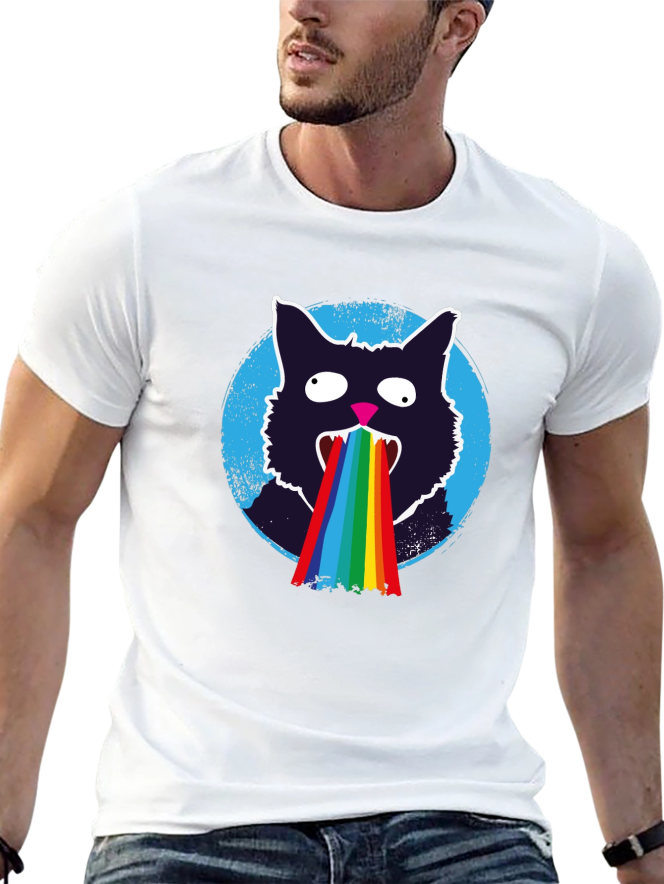 Rainbow Puke Cat T-Shirt - Mens Black Graphic Tee