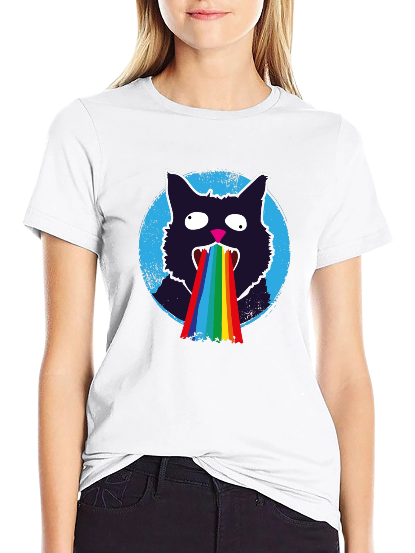 Rainbow Puke Cat T-Shirt - Mens Black Graphic Tee