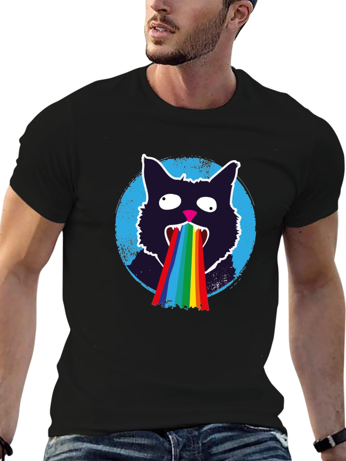 Rainbow Puke Cat T-Shirt - Mens Black Graphic Tee