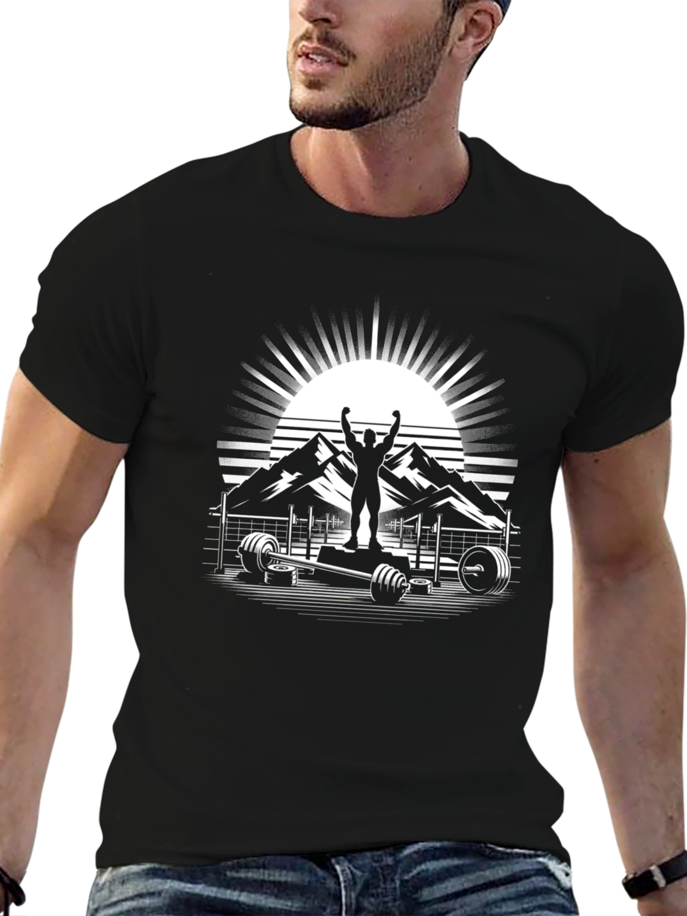 Motivational Gym T-Shirt - Weightlifting & Mountain Design