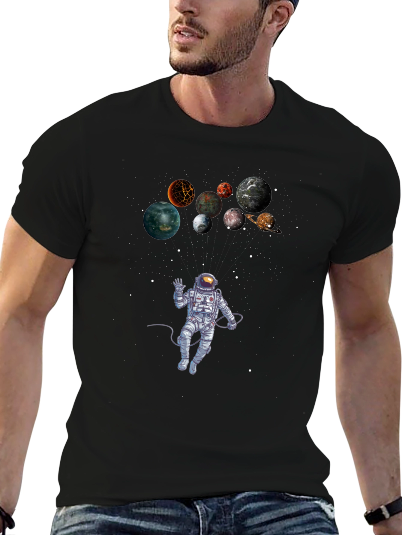 Astronaut & Planets Graphic Black T-Shirt