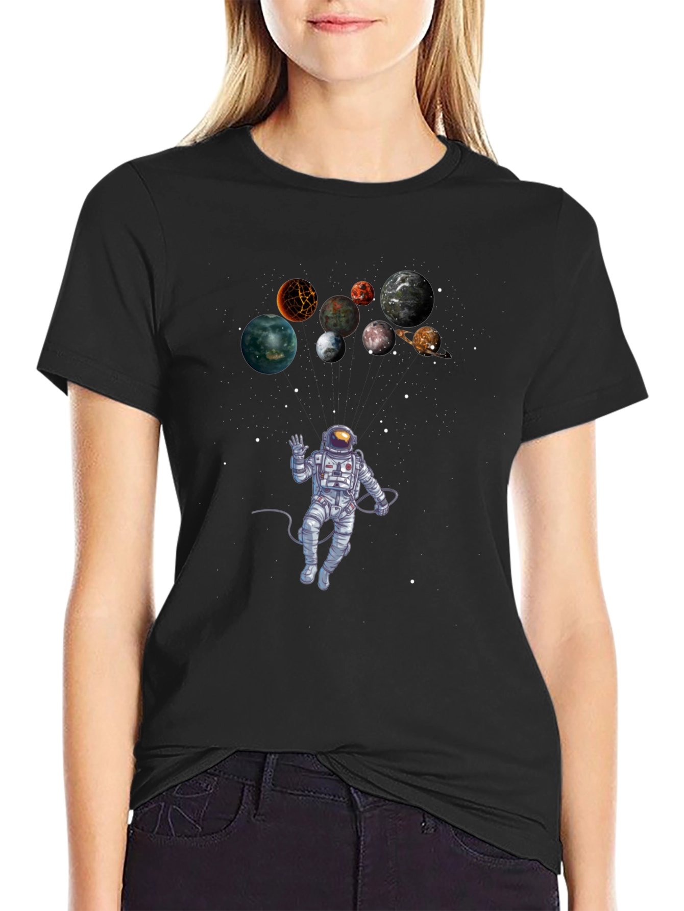 Astronaut & Planets Graphic Black T-Shirt