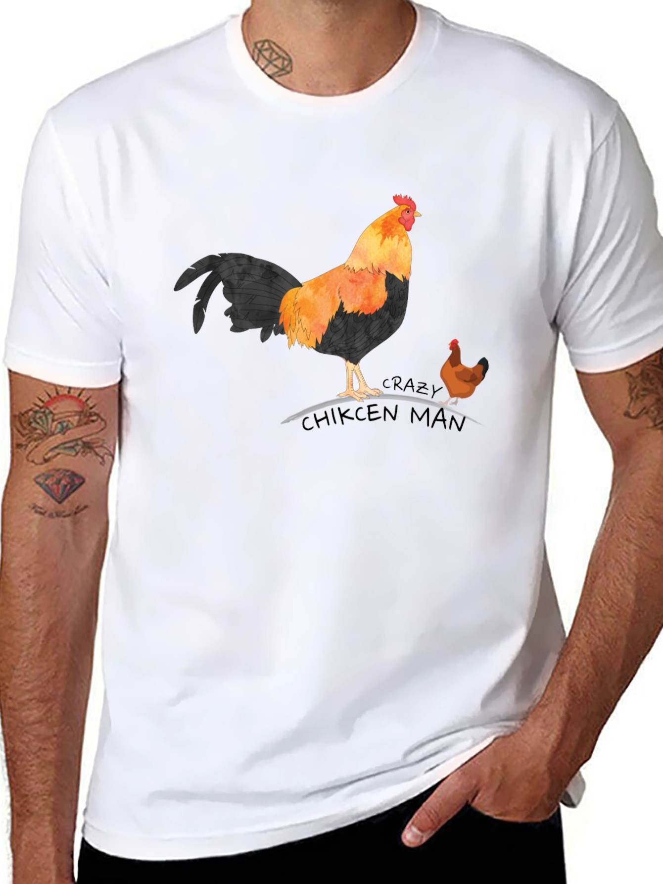 Crazy Chicken Man T-Shirt - Rooster & Hen Design