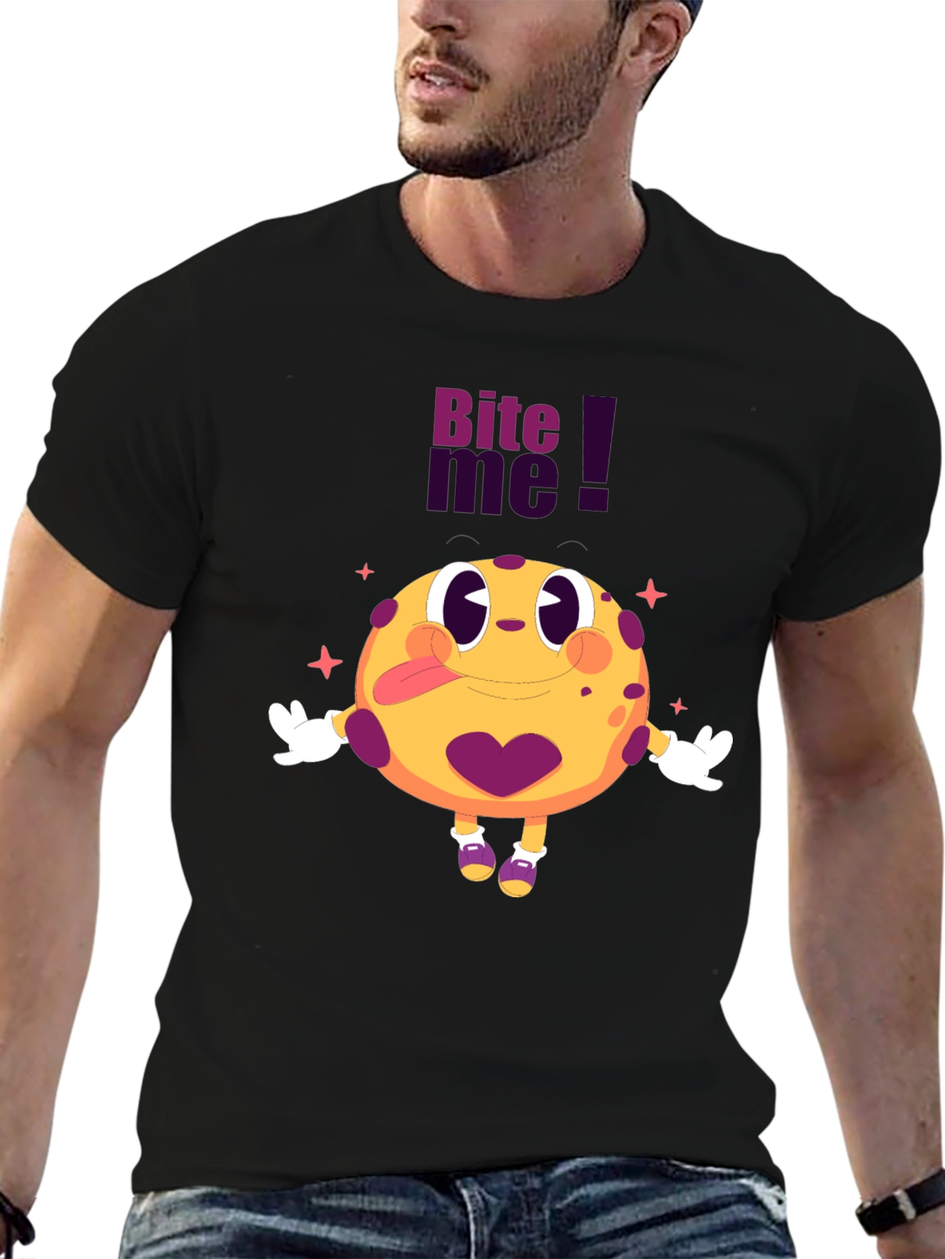 Bite Me Cartoon Graphic Black T-Shirt