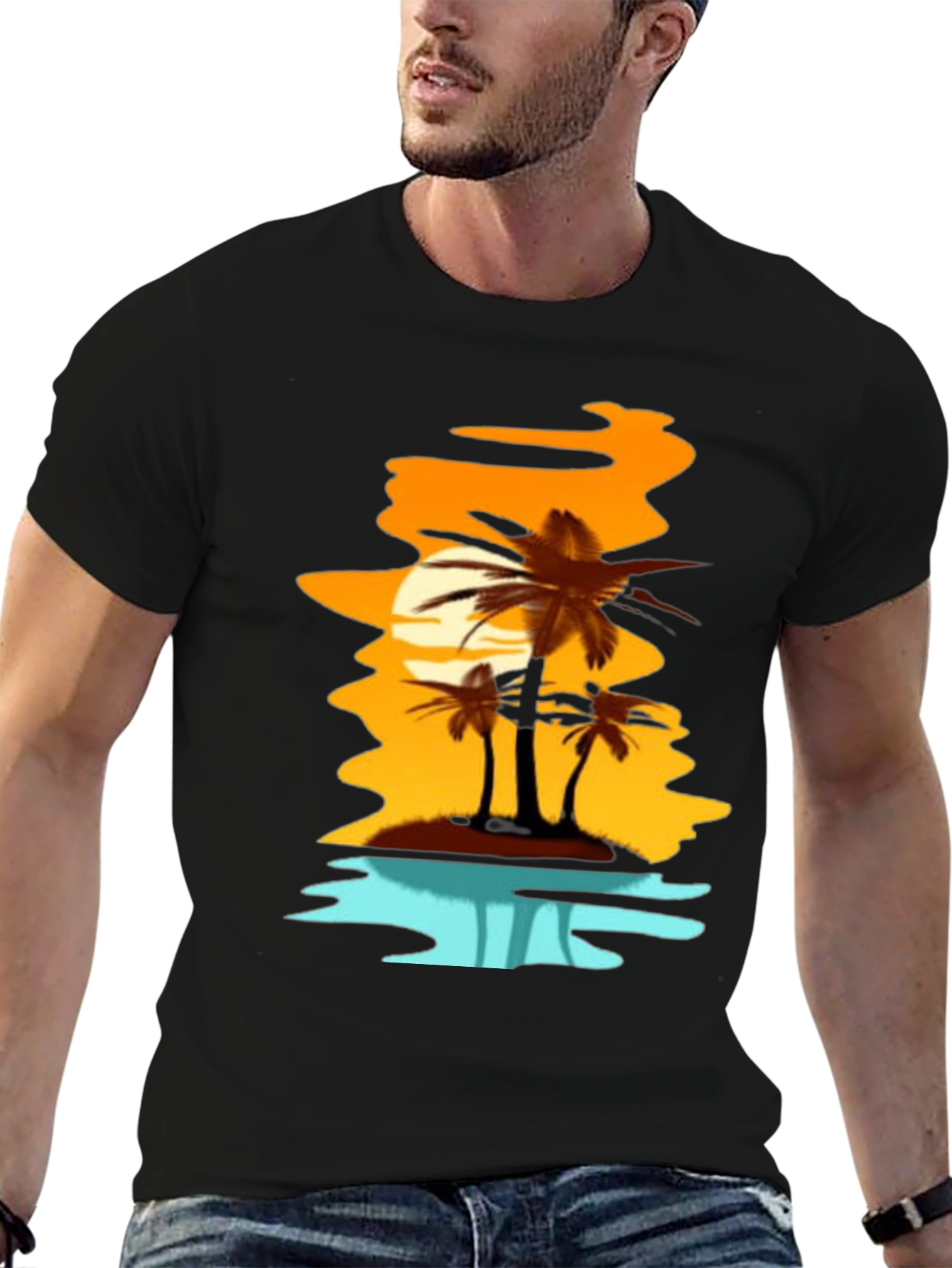 Sunset Palm Tree Graphic Tee - Black T-Shirt