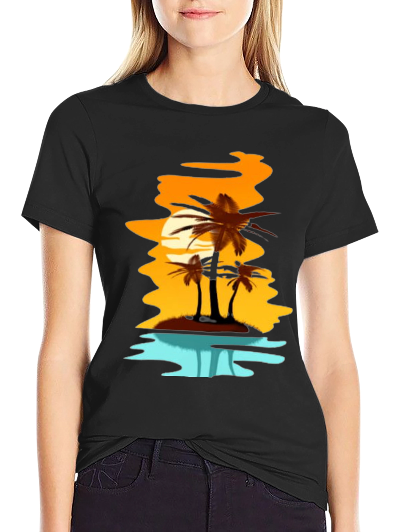 Sunset Palm Tree Graphic Tee - Black T-Shirt