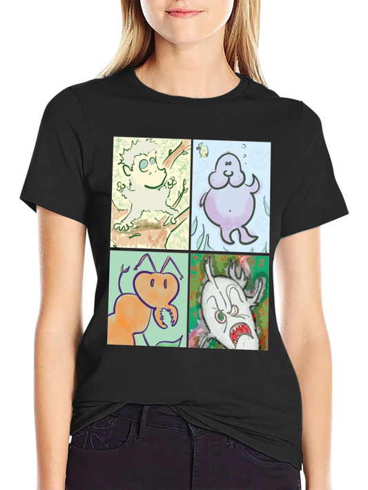 Cartoon Character Print Black Cotton T-Shirt