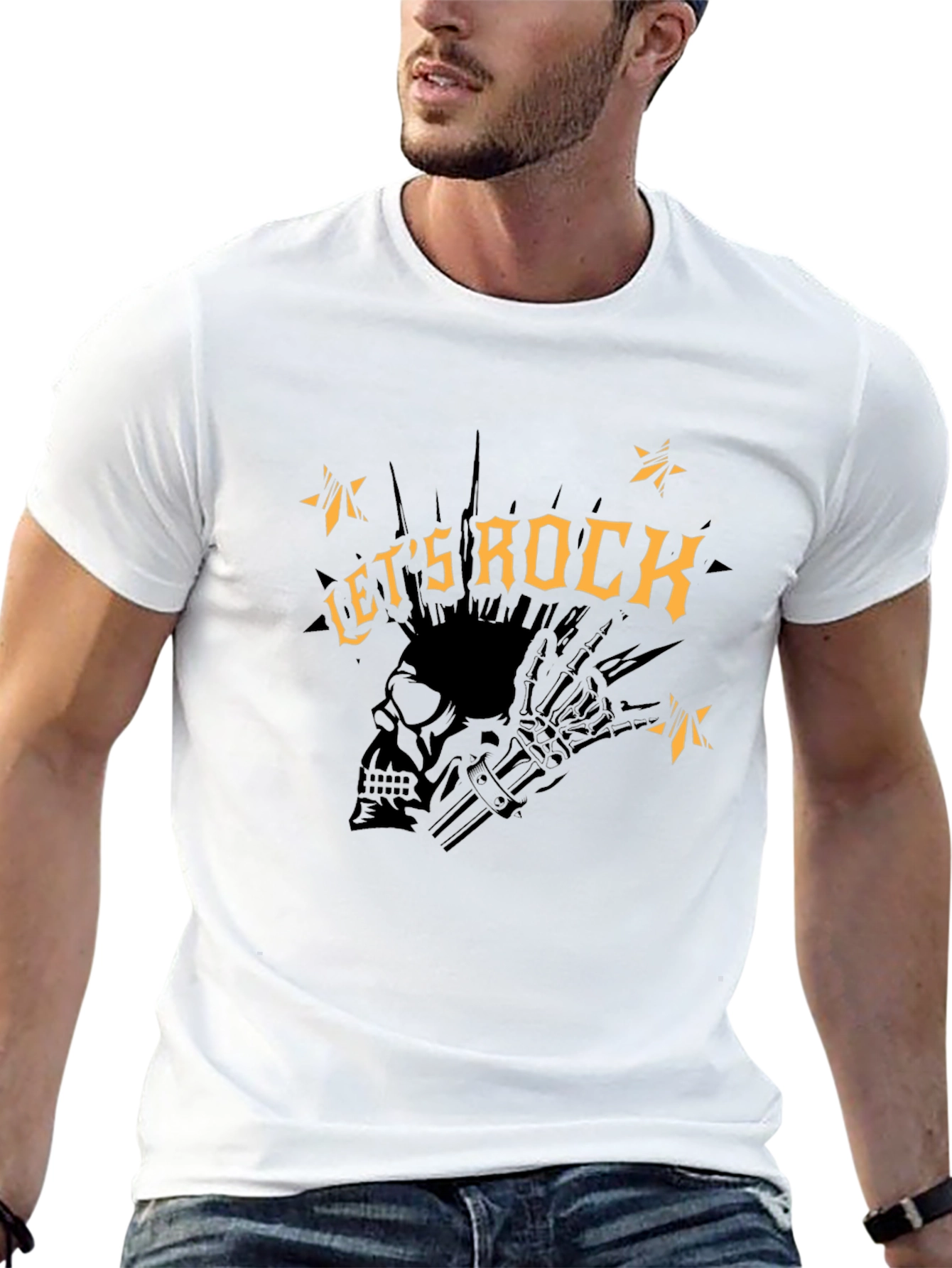 Lets Rock Graphic Tee - Punk Skull Design